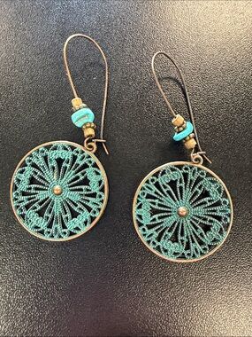 Turquoise Filigree Disc Drop Earrings